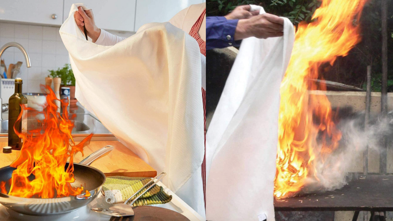 Person using fire blanket to put out fire in kitchen and outdoors.