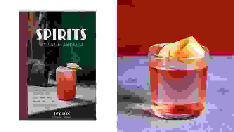 Left: A photo of the cocktail book, Spirits of Latin America. Right: A closeup photo of a red-hued cocktail topped with an orange peel.