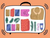 Cartoon graphic of suitcase with clothes, travel items and assorted sex toys blurred out.