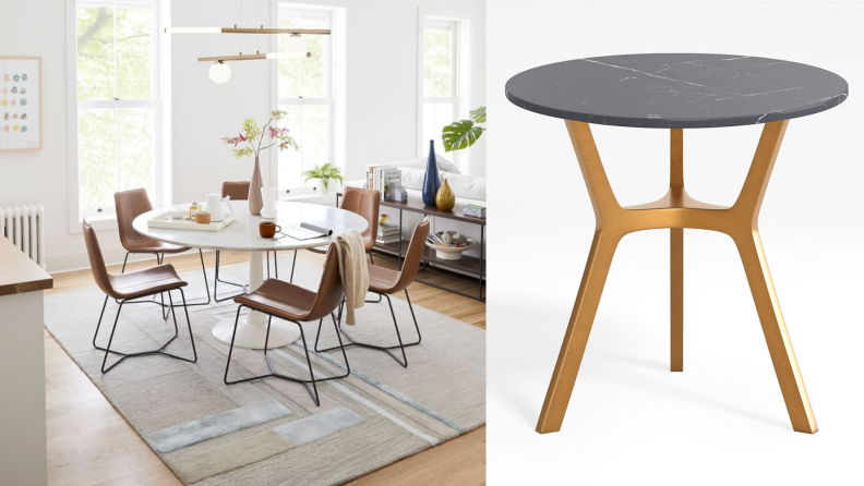 West Elm's Slope leather dining chair with charcoal powder-coated iron legs contrasts nicely with the brass of the chandelier, as does the dark tones of the black marble top of Crate & Barrel's Elke end table with its brass base.