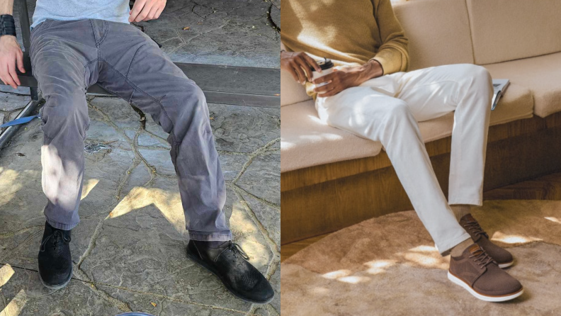 Close-up of two different people's KnitFlex (one black and the other brown) in different settings (one outdoor and one indoor).