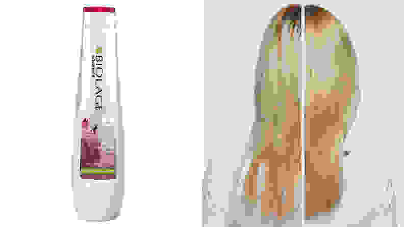 On the left: A tall silver bottle of shampoo from Biolage. On the right: The back of someone's head with long, shiny blond hair. A line goes through it with the left half of the hair looking flat and the right half looking full.