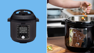 Left: Instant Pot on blue background. Right: Hand pouring veggies into Instant Pot