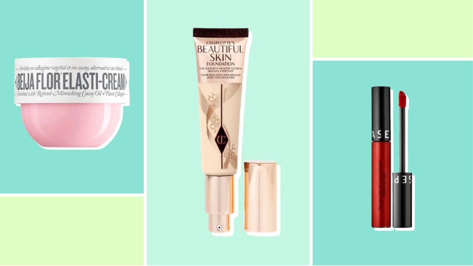 Collage of  three beauty products against a green background.