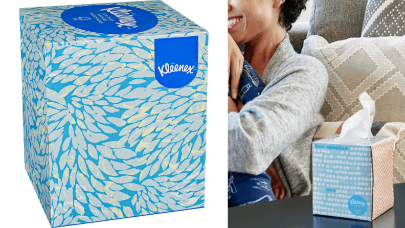Two images of a Kleenex box, the first alone and the second in use.