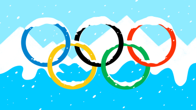 奥林匹克环覆盖在雪蓝色山脉前的奥林匹克环的插图。