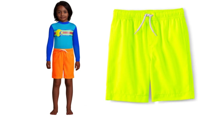 A boy in bright orange swim trunks and neon yellow swim trunks