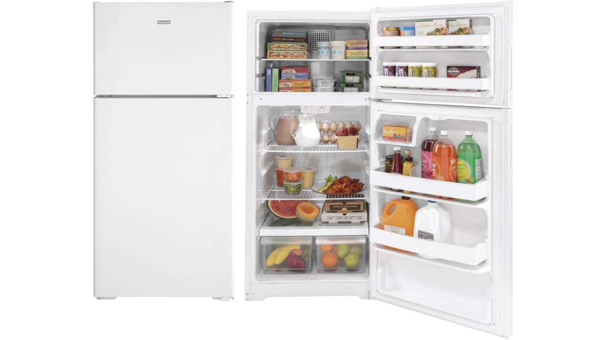 Two views of the Hotpoint fridge floating in a white void. On the left the fridge's door is closed, showcasing its facade. On the right the door is open, showing what the fridge would look like when fully stocked with food.