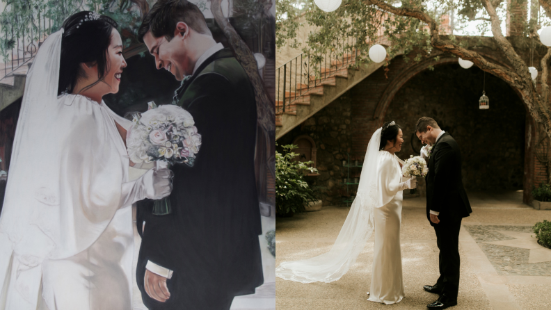 On the left, a bride is holding a bouquet and facing a groom, who's looking joyous; on the right, the same couple is facing each other in a Spanish courtyard.