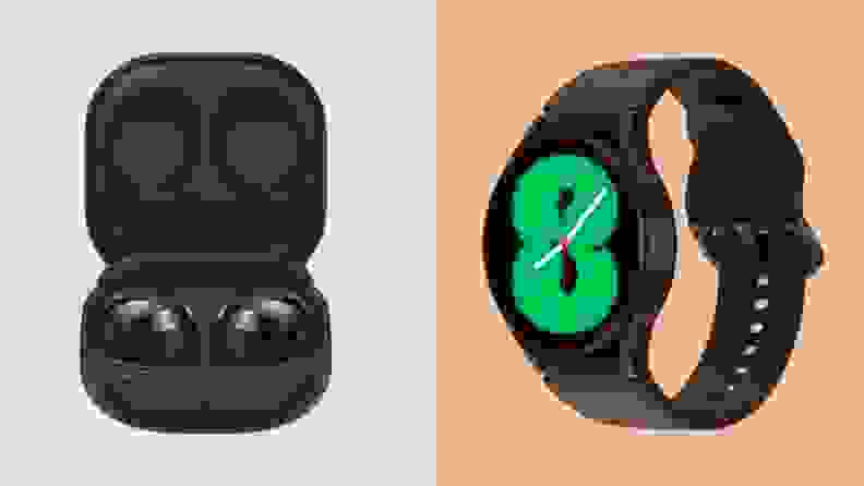 A pair of black earbuds shown next to a Samsung smartt watch.