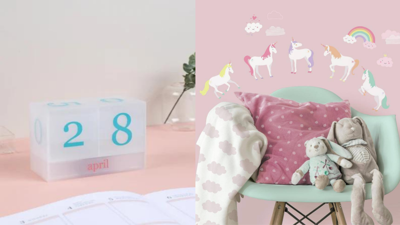 On the left, a small desk calendar. On the right, a wall with unicorn decals.