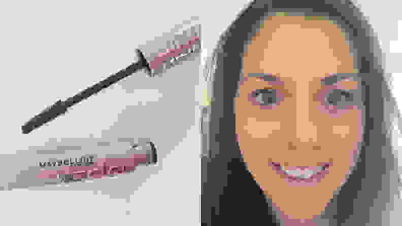 On the left: the pink-tubed Maybelline Sky High Waterproof Mascara sits on a white background. The wand is out of the tube to reveal a black mascara formula. On the right: A person smiles at the camera wearing the Maybelline Sky High Waterproof Mascara.