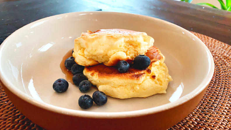 Serve the pancakes hot with anything you want.