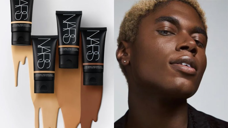 On the left: Four tubes of the Nars Pure Radiant Tinted Moisturizer Broad Spectrum SPF 30 laying next to each other with the formula rubbing down from each bottle onto a white background. On the right: A man with a dark complexion closes his eyes and tilts his head up to show smooth skin.