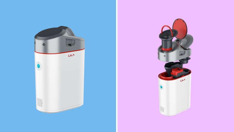 The LILA composter on the left and an expanded view of the components on the right.