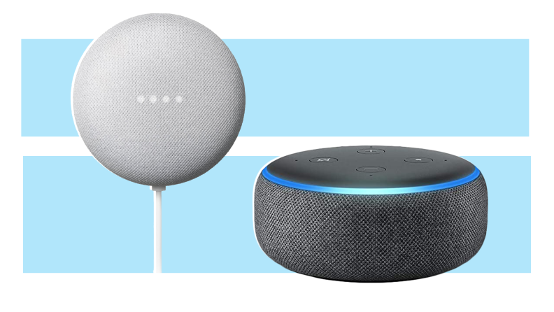 A side by side of two small smart speakers, the Nest Mini and Echo Dot