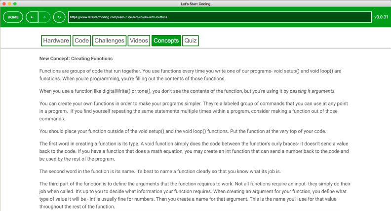 An example of the coding concepts included in each Let's Start Coding lesson.