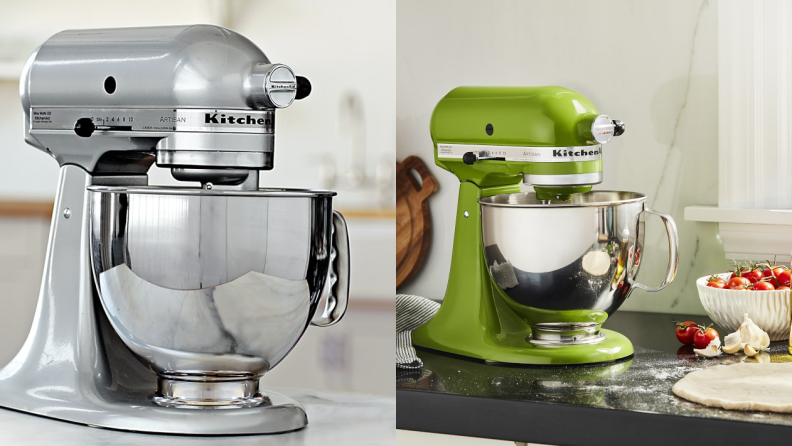 Left: A silver KitchenAid chrome stand mixer. On the right: A green KitchenAid stand mixer near a circle of pizza dough.