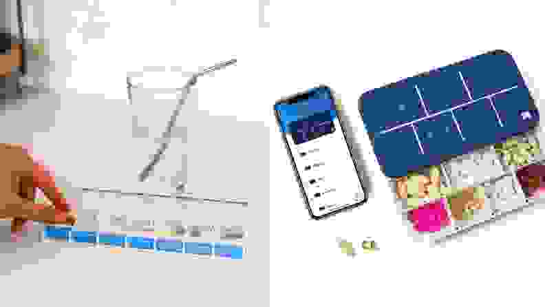 On left, person sitting at table organizing pillbox. On right, a smart pillbox.