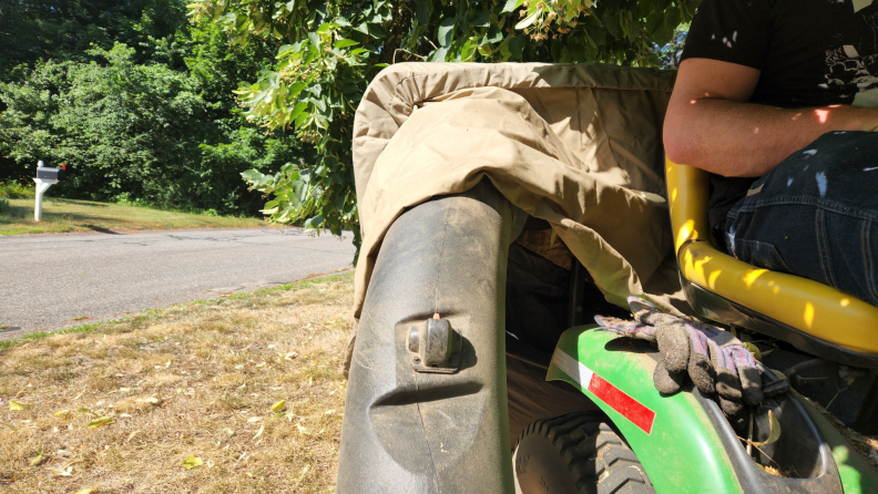 Close up of TerraKing 54 cubic foot Pro Leaf Bag on riding mower.