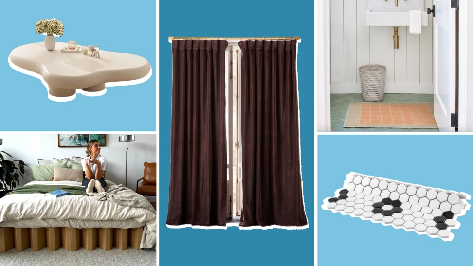 Photo collage of assorted furniture including velvet drapes, a coffee table, a tile sheet, a rug on a bathroom floor and a person sitting on top of a cardboard mattress frame.