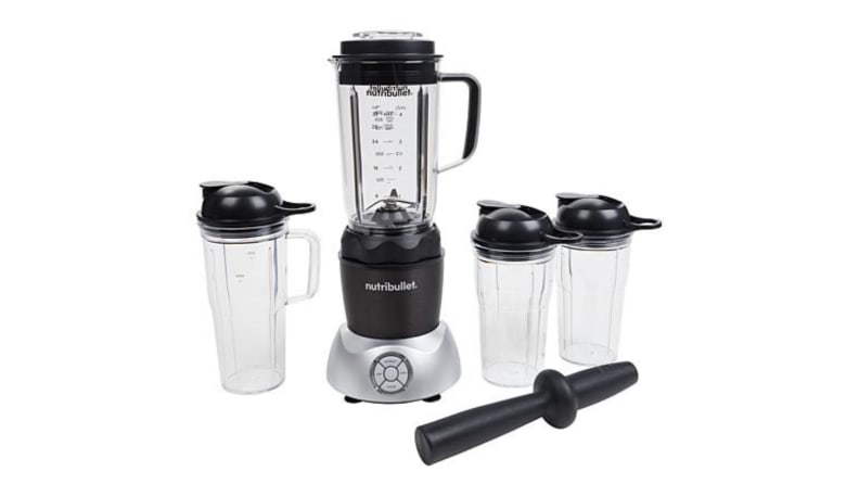 An image of a set of blender bottles and a stand blender base alongside a black pestle.