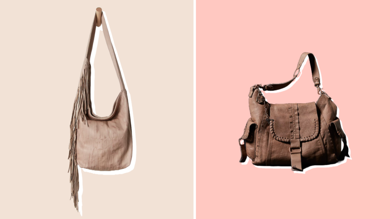 Two Free People purses against  beige and pink backgrounds