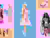Collage of several Barbie toys, including Ken with a blue surfboard, Barbie in a pink gingham dress, a Barbie dreamboat, an inclusive Barbie in a wheelchair, and four Barbies with sports careers.