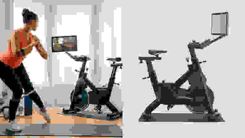 A woman working out next to the Myx II exercise bike.