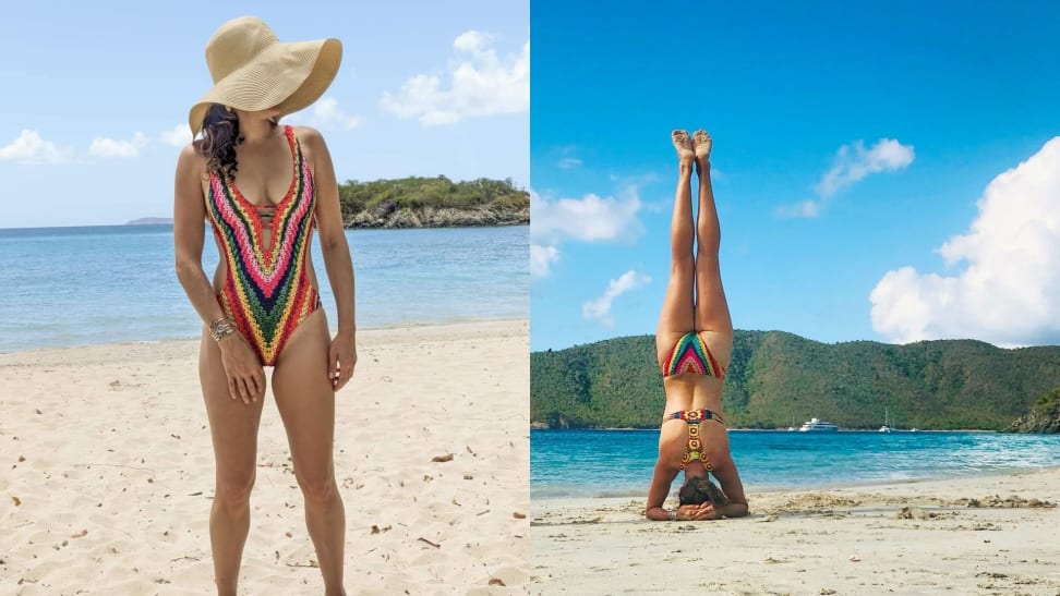 Woman wearing rainbow print one-piece swimsuit and hat (left) and doing headstand (right)