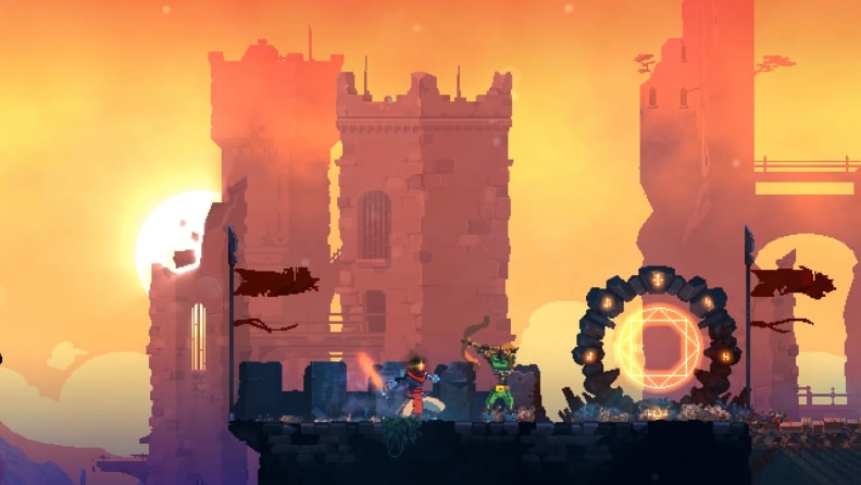 Una captura de pantalla del juego Dead Cells para iOS, que muestra al personaje principal cerca de un portal mientras se pone el sol.