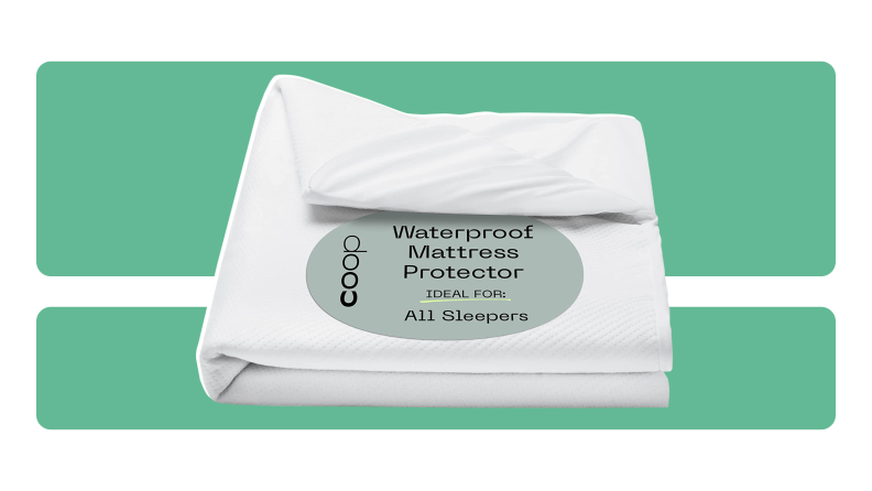 The Coop Home Goods Mattress Protector in the color white on a green background.