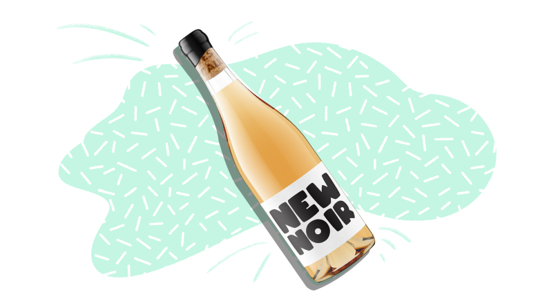 A bottle of Maison Noir Wine's New Noir on a aqua-splash-on-white background.