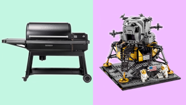 On the left, the Traeger Ironwood XL pellet grill and smoker. To the right in the same image is the LEGO Creator Expert 10266 NASA Apollo 11 Lunar Lander collector set.