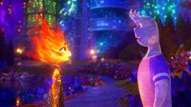 An image of Ember, a fire elemental, standing across from Wade, a water elemental in the movie 