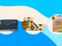 An Amazon Prime truck, some boxes, and a bag of groceries.