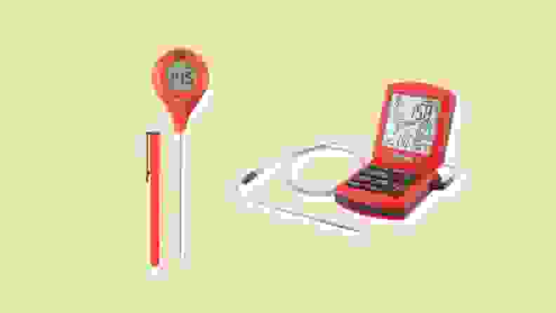Two meat thermometers on beige background.