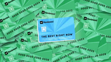 Illustrated blue credit card stamped with The Best Right Now on top of arranged green credit cards