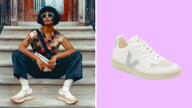 On the left is a model wearing Veja sneakers while seated on a stoop, on the right is a single Veja sneaker against a pink background.