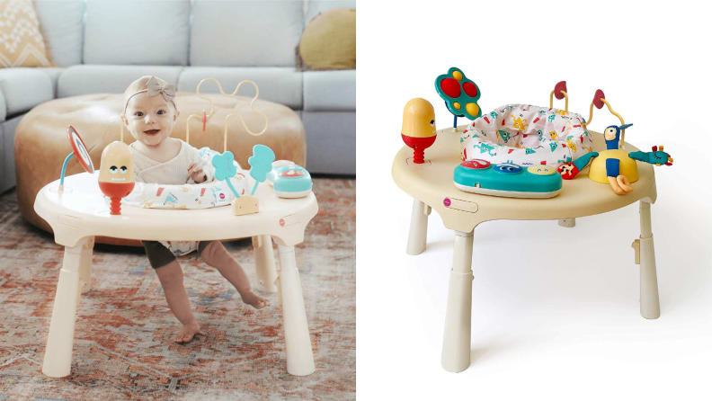 A toddler plays in a mobile activity desk.