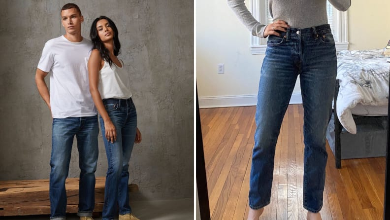 Two people in jeans split with a photo one person in jeans