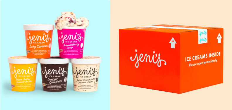 Five assorted pints of Jeni's ice cream in a styrofoam cooler.