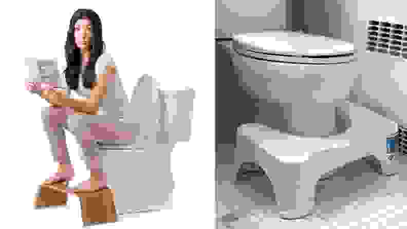 woman on toilet beside squatty potty stool