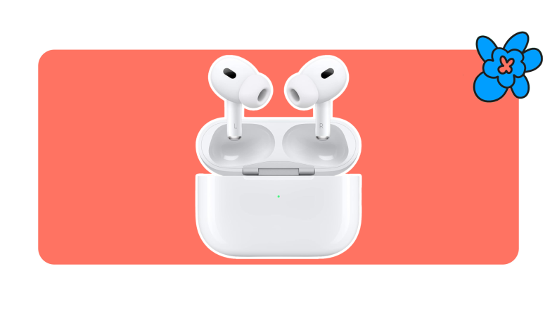 A pair of Apple Airpods Pro wireless earbuds hovering slightly above its charging case.