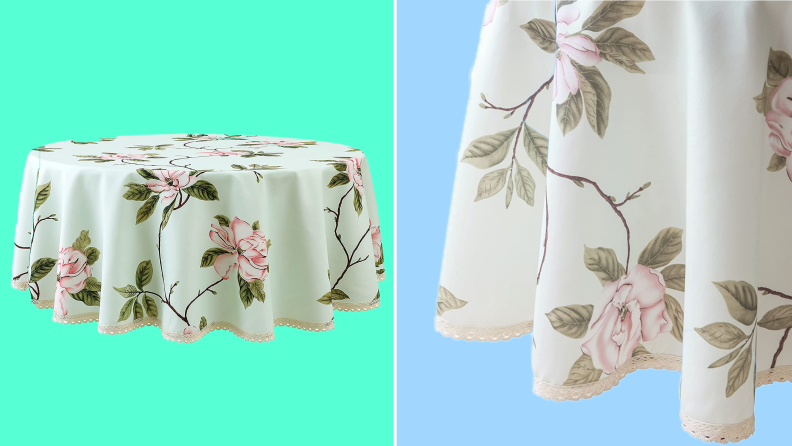 Product shot of white and floral printed tablecloth.