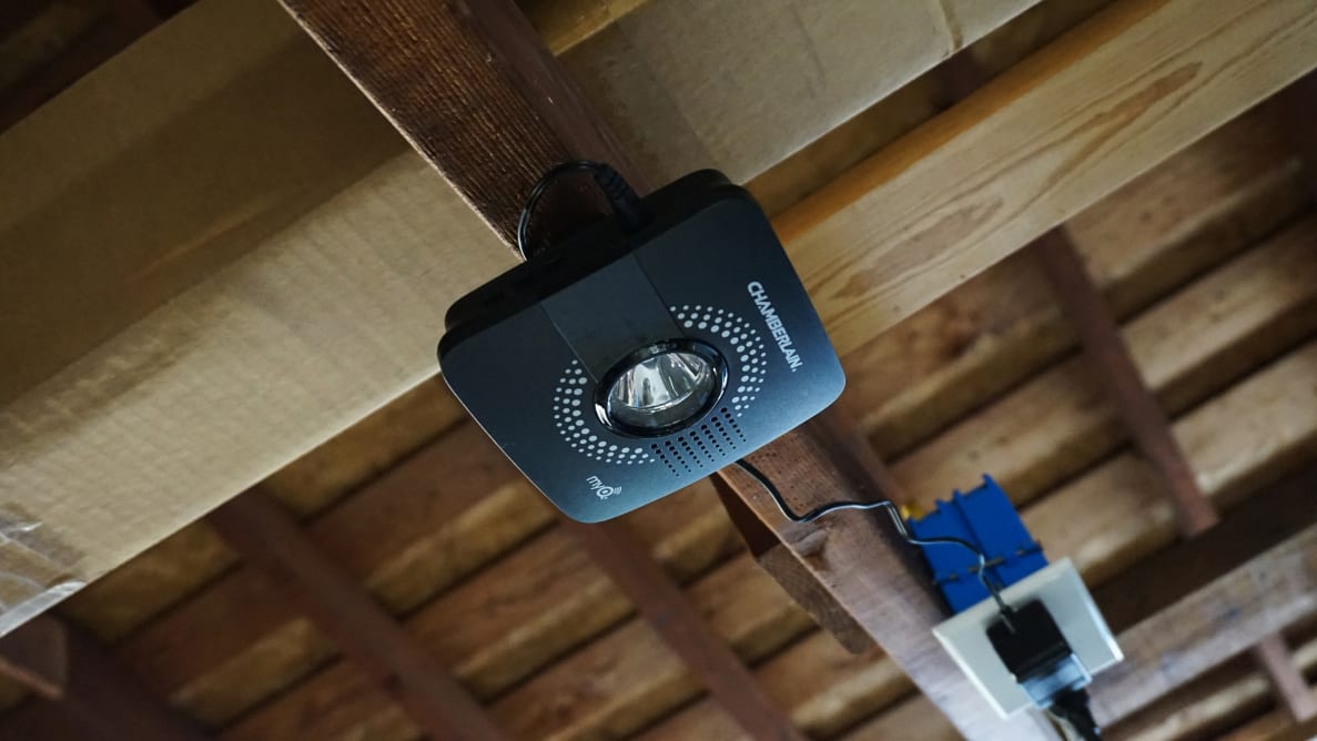 Chamberlain MyQ Smart Garage Hub mounted on beam in garage