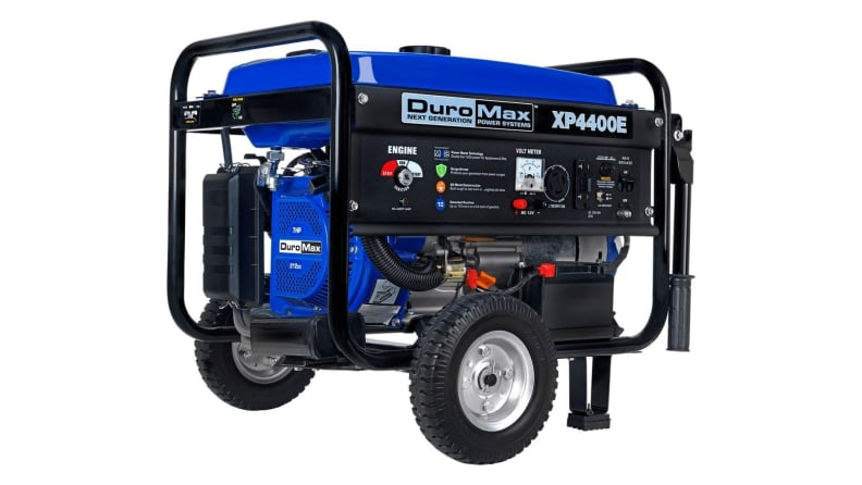 A blue portable gas-powered generator.