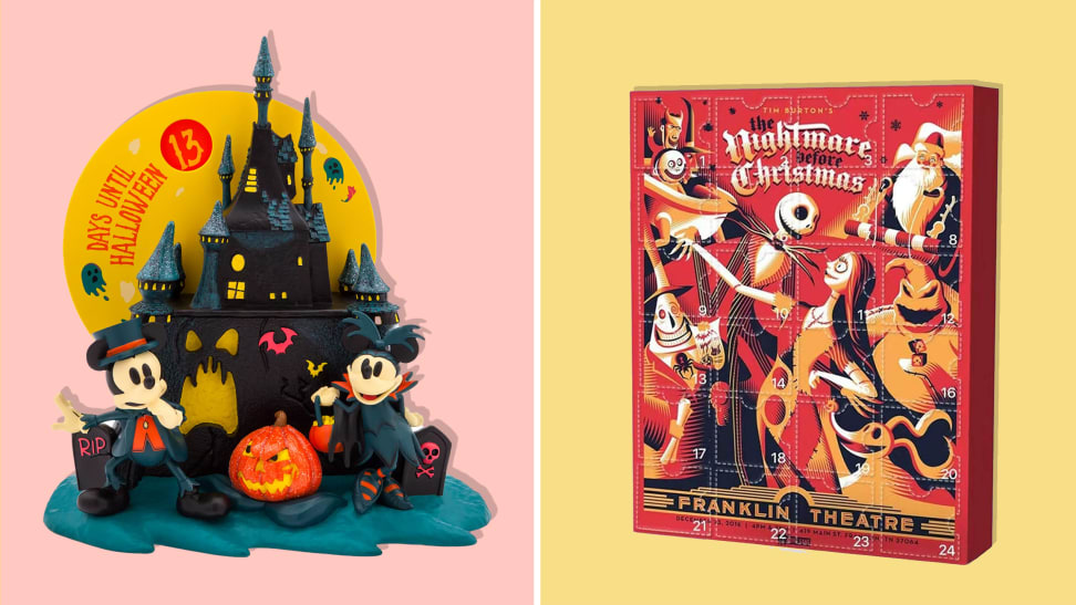 A Mickey and Minnie Mouse Halloween countdown calendar and a Nightmare Before Christmas advent calendar on a pink and yellow background.