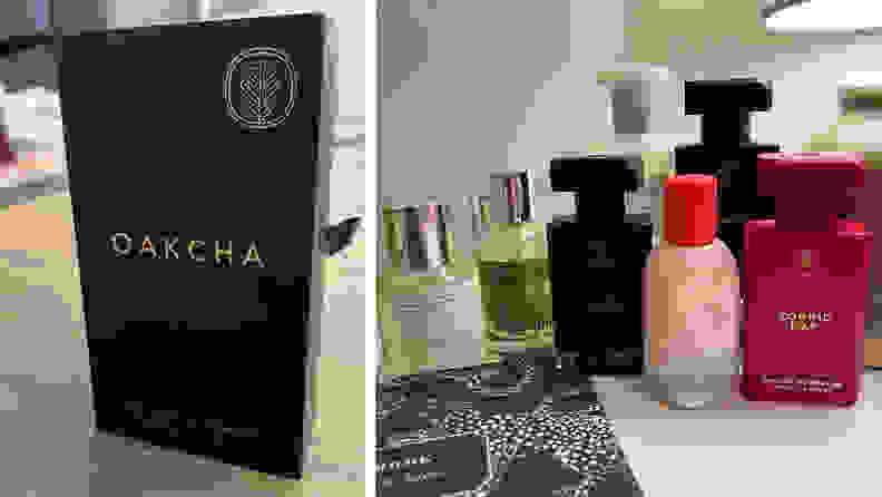 A closed box of Oakcha perfume, and a photograph of multiple perfume bottles on a white tabletop.