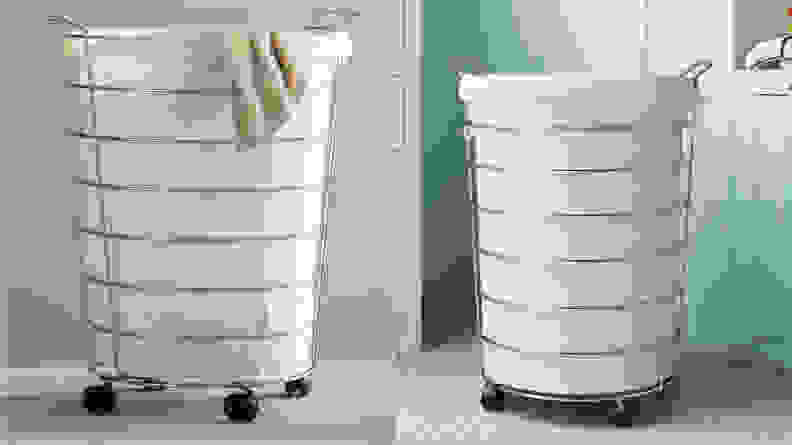 Two images of a rolling laundry hamper.